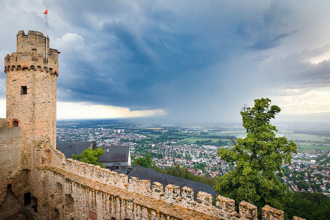 View from Auerbach Castle into the Rhine plain during a thunderstorm, Bergstrasse, Bensheim, Hesse, Germany
