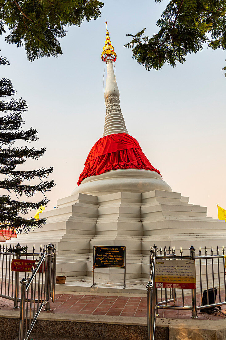 Leaning pagoda, white chedi on the shore of Koh Kret, Bangkok, Thailand