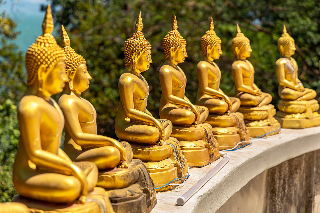 Gereihte goldene Buddha Statuen am oberen Teil des Tempels Wat Koh Phayam, Koh Phayam, Thailand