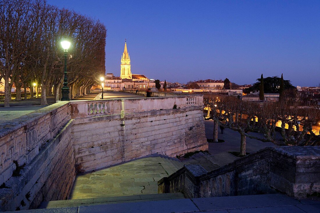 France, Herault, Montpellier, historic center, Peyrou place and the clodk tower of Sainte Anne Church in the background