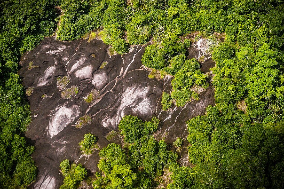 France, Guyana, French Guyana Amazonian Park, heart area, a savannah rock in the rainy season (aerial view)