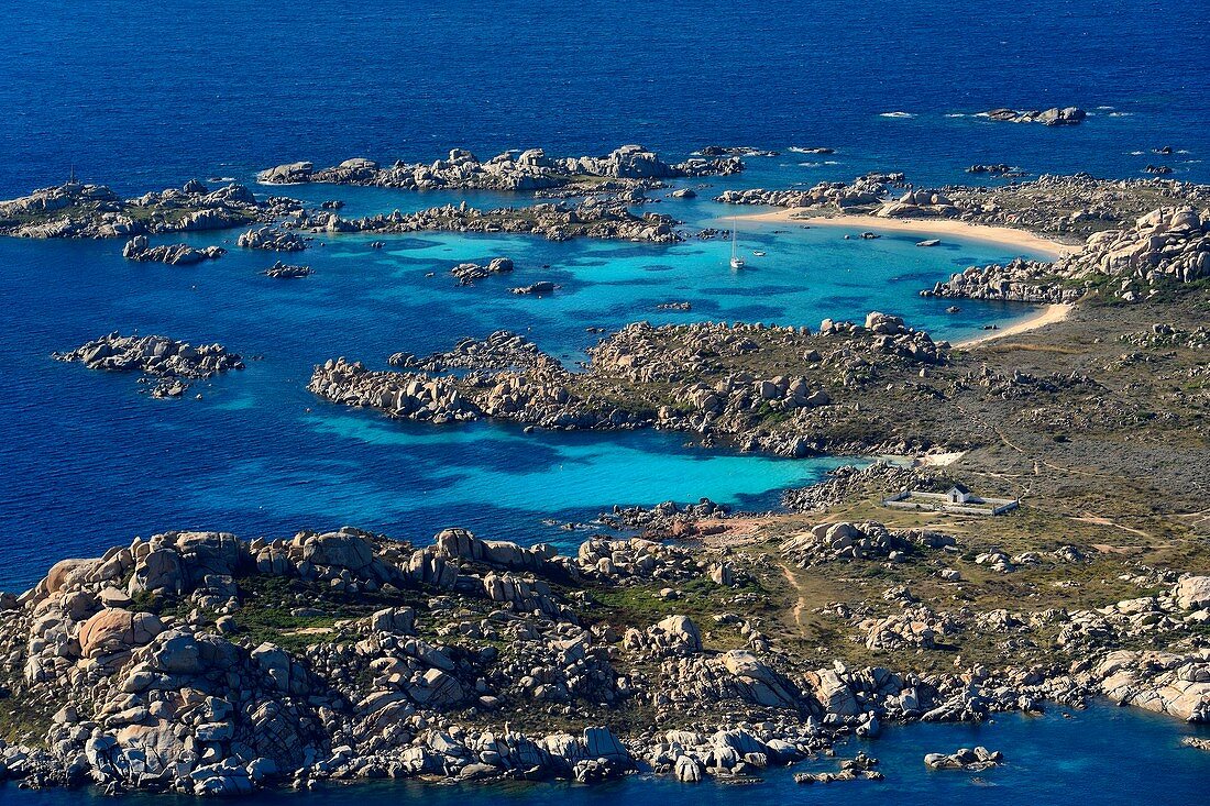 France, Corse du Sud, Bonifacio, Lavezzi Islands Nature Reserve and the Furcone and Acciarino cemeteries hosting the graves of the Semillante shipwrecked men (aerial view)