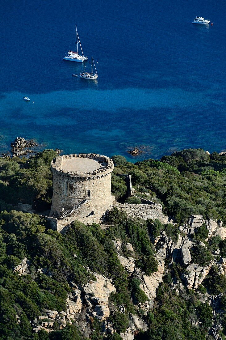 France, Corse du Sud, south of Propriano, Campomoro pointe, Campomoro tower (aerial view)