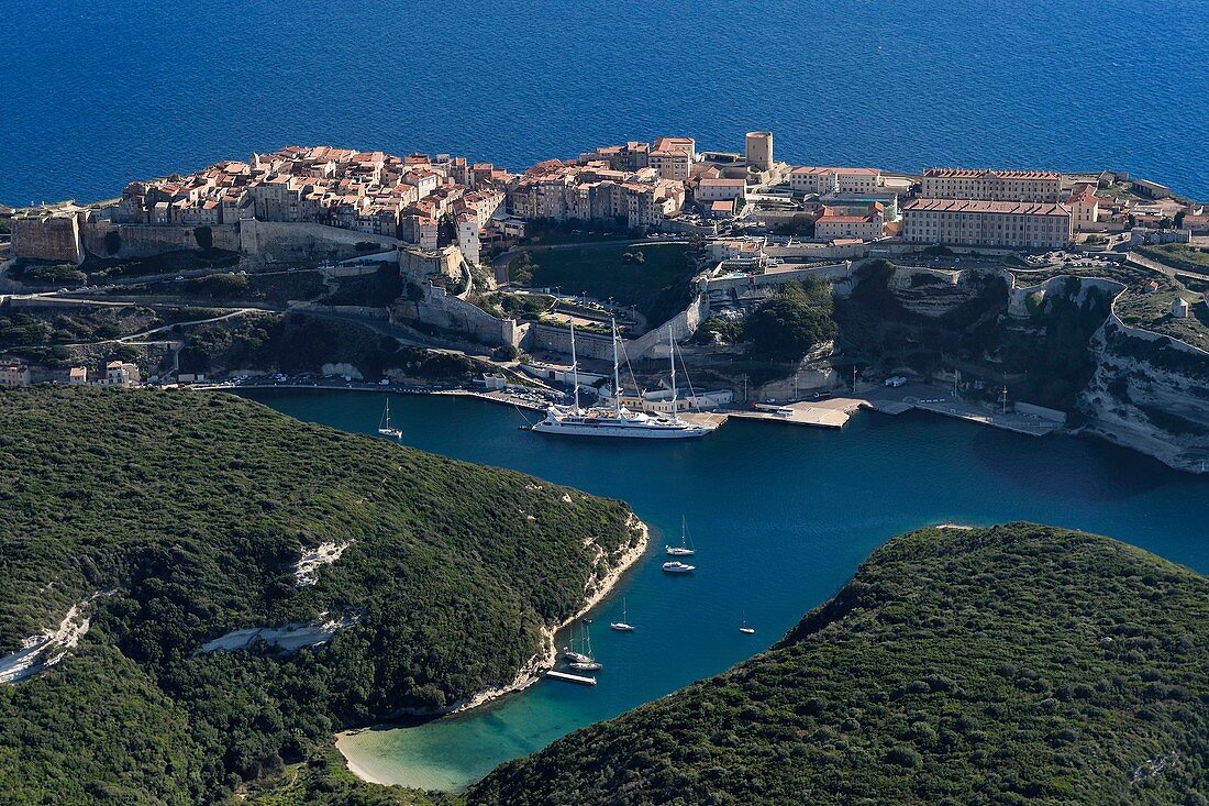 France, Corse du Sud, Bonifacio, the limestone cliffs, the citadel and the old town (aerial view)
