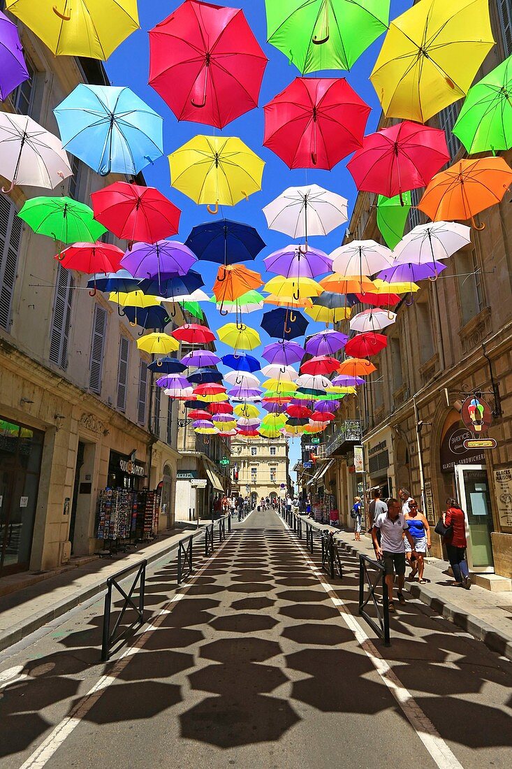 France, Bouches du Rhone, Arles, Jean Jaures street, installation of Patricia Cunha "Colorful Umbrellas" (Compulsory Mention)