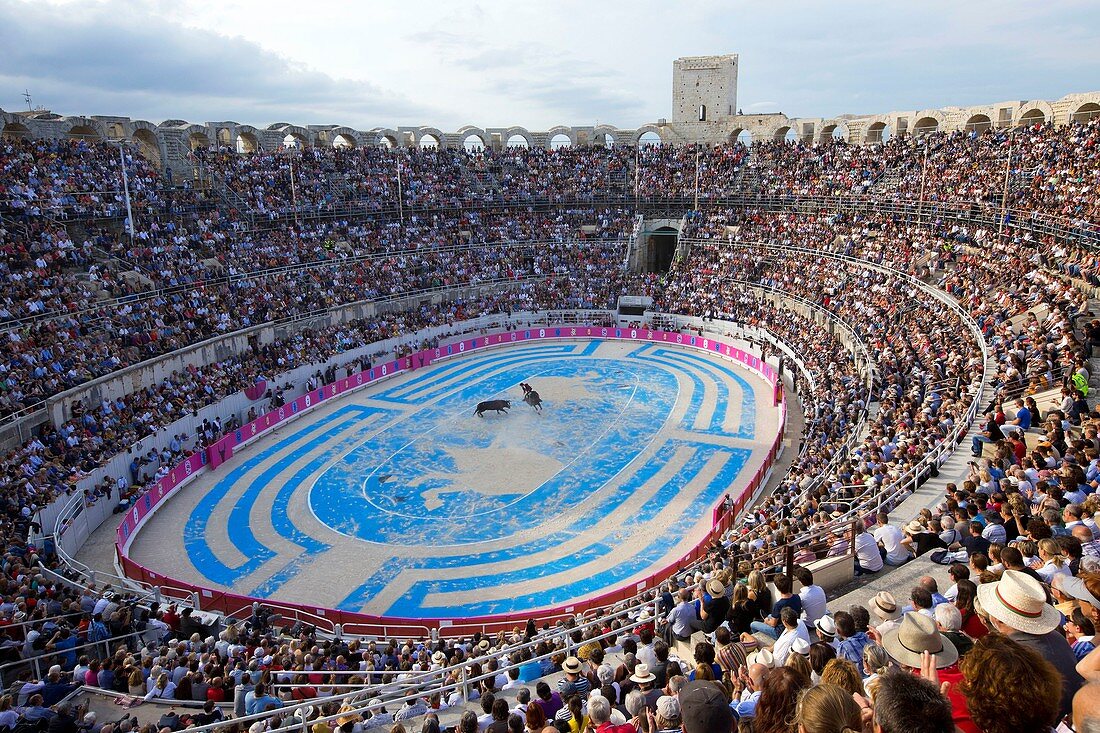 France, Bouches du Rhone, Arles, the Arena, the Roman Amphitheatre (80/90 AD..), Historical monument, World Heritage of UNESCO, Rice Fest, Bullfight Goyesque scenography Marie Hugo