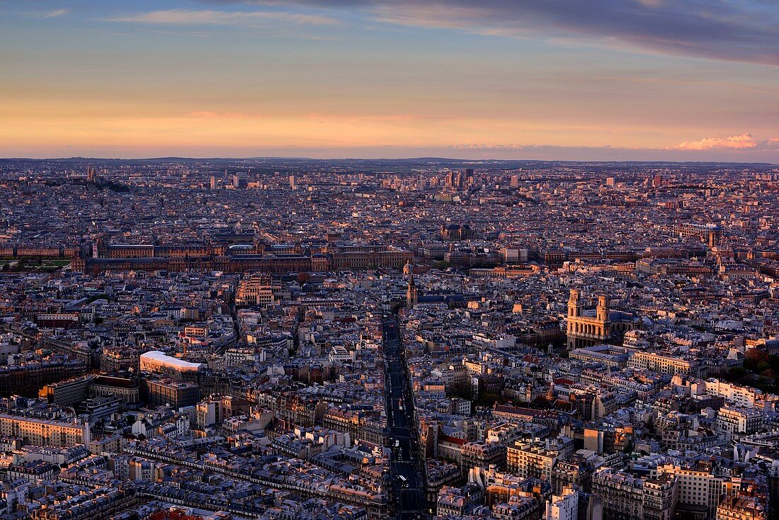 France, Paris, Parisian boulevard lined with typical Haussmannian buildings of Paris' 6th district