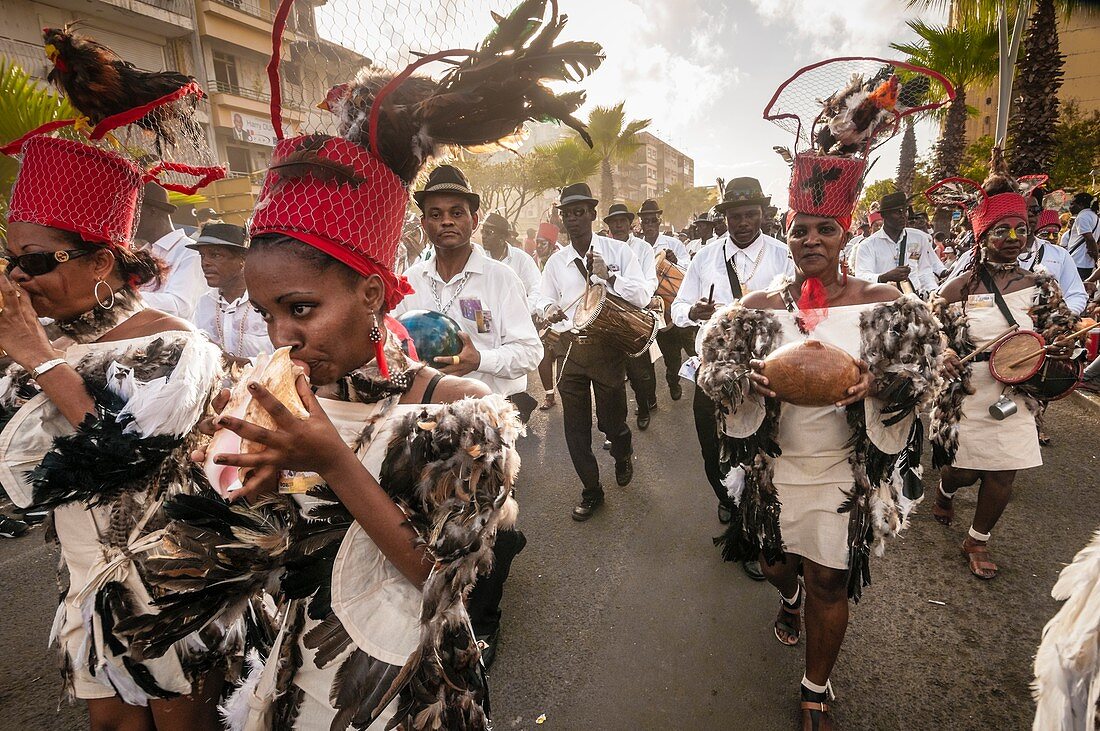 France, Guadeloupe, Grande Terre, Pointe a Pitre, musicians of Restan la band from Le Gosier, during the closing parade of Shrovetide
