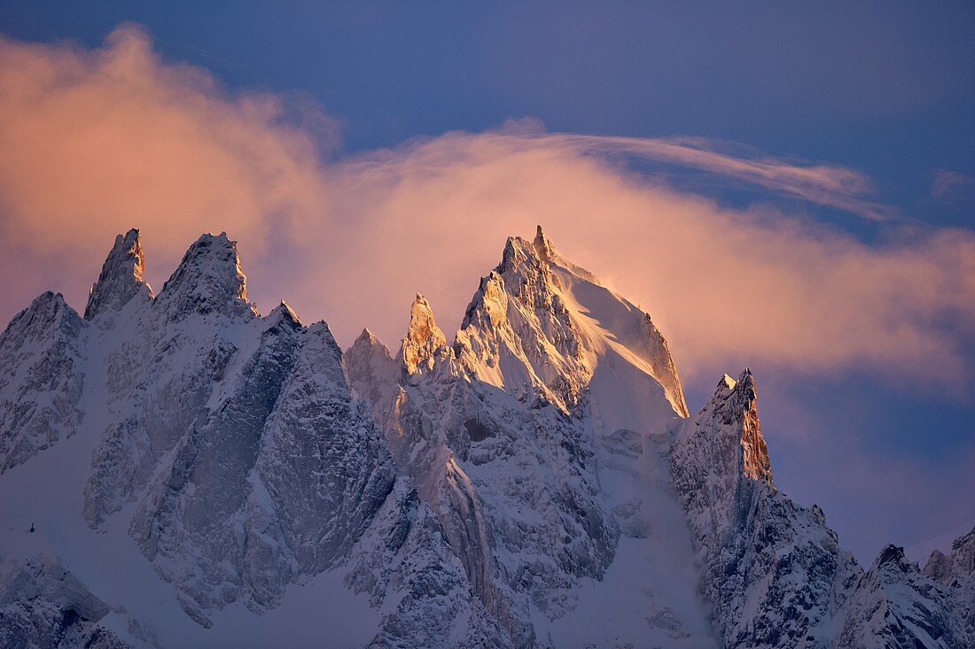 France, Haute-Savoie, Chamonix, the aiguille du Plan (3673 m) at sunset, Mont-Blanc range