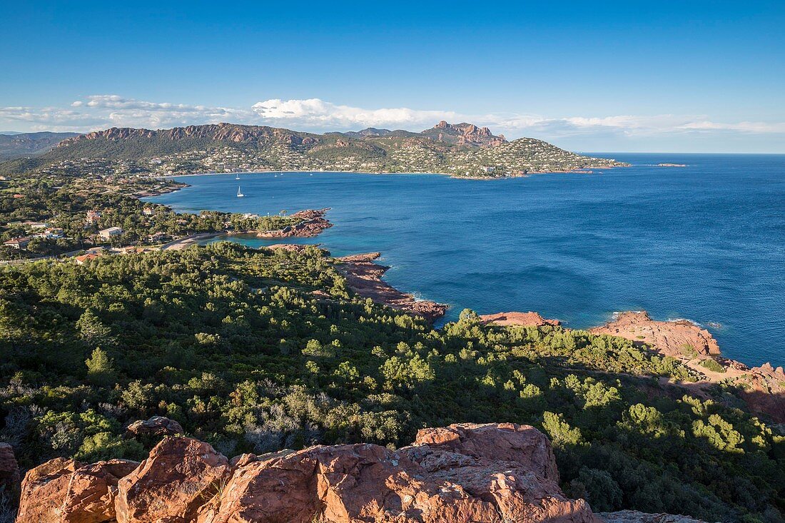 France, Var, Saint Raphael, the bay of Agay seen by the Cap du Dramont, in the background the Rastel d'Agay (287m), and the Cap Roux, the summit of the Saint Pilon peaks in 442m