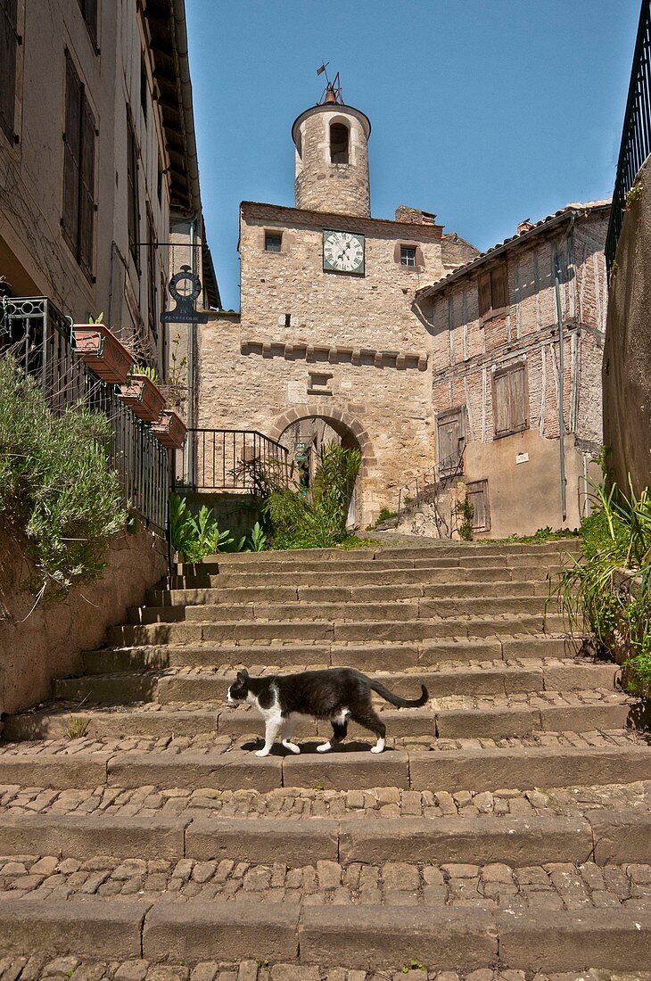 France, Tarn, Cordes sur Ciel, fortified village, Clock Gate, fifteenth and sixteenth century, the stairs Pater Noster