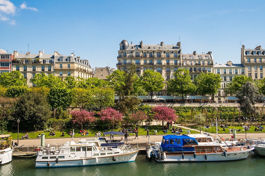 Frankreich, Paris, die Gärten des Hafens von Arsenal und Wohnschiffe