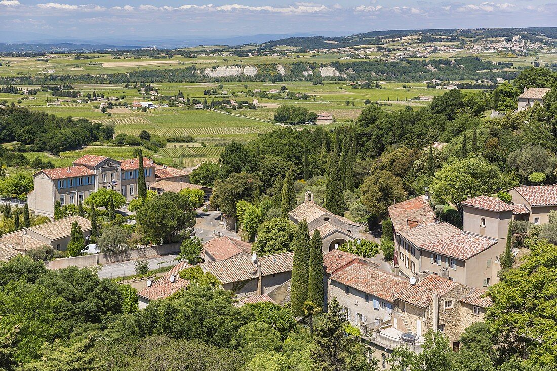 France, Vaucluse, Seguret, labelled Les Plus Beaux Villages de France (The Most Beautiful Villages of France), perched Medieval village overlooking the plain of AOC Cotes du Rhone vineyards