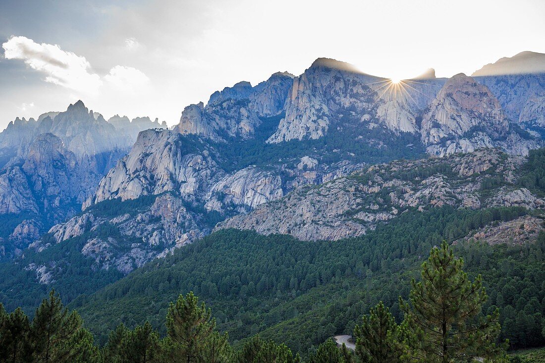 France, Corse du Sud, Alta Rocca, Quenza, Aiguilles of Bavella (alt max: 1855m) seen from collar of Bocca di Larone