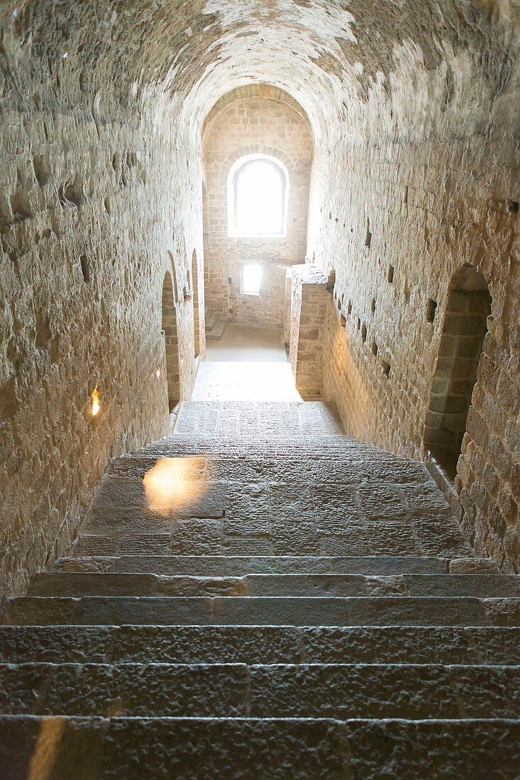 France, Manche, Bay of Mont Saint Michel listed as World Heritage by UNESCO, stone stairs inside the abbey
