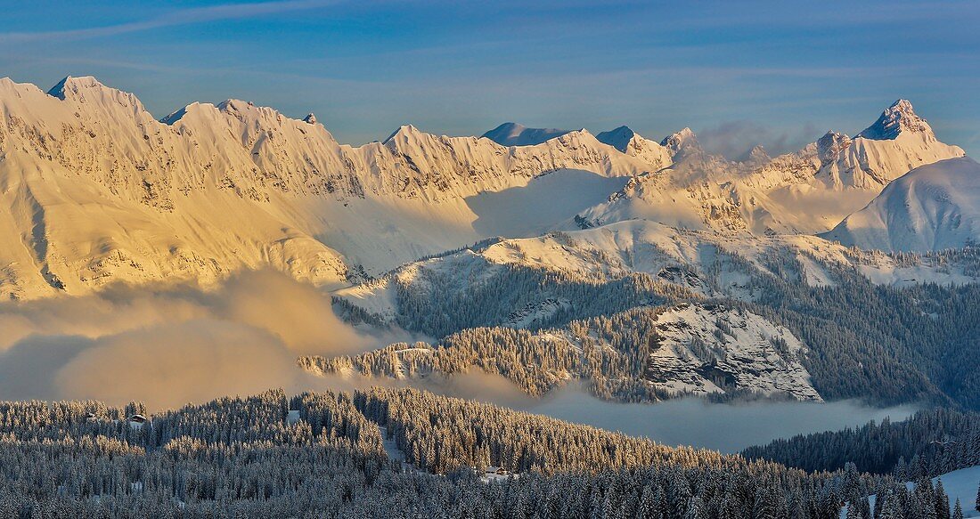 France, Savoie, Aravis Mountain, snowy landscape at sunrise