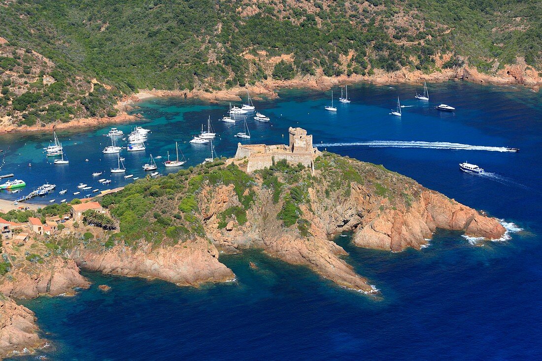 France, Corse du Sud, Gulf of Girolata Girolata, Girolata Fort (aerial view)