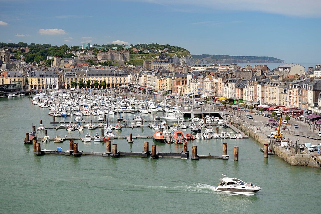 France, Seine Maritime, Dieppe, Dieppe marina and downtown dominated by the castle of Dieppe