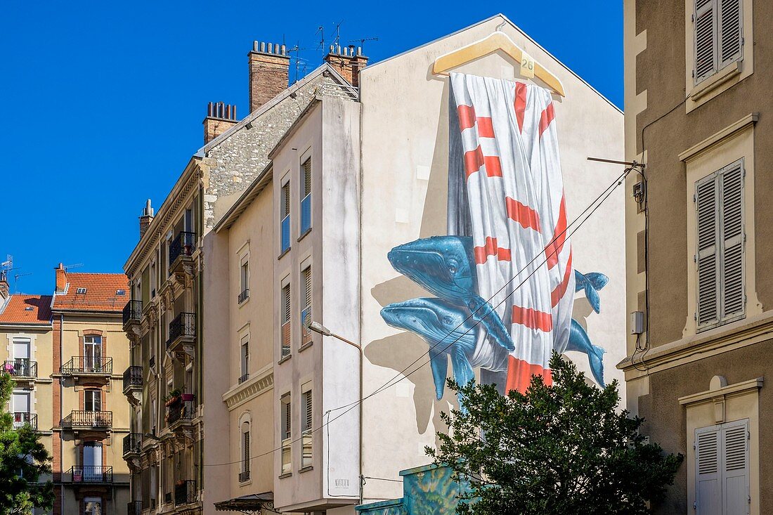 Frankreich, Isere, Grenoble, Street Art Fest, dutzende Künstler präsentieren sich in den Straßen der Stadt, Wandbild 'Ordering Machine' von Nevercrew, Rue des Bergers