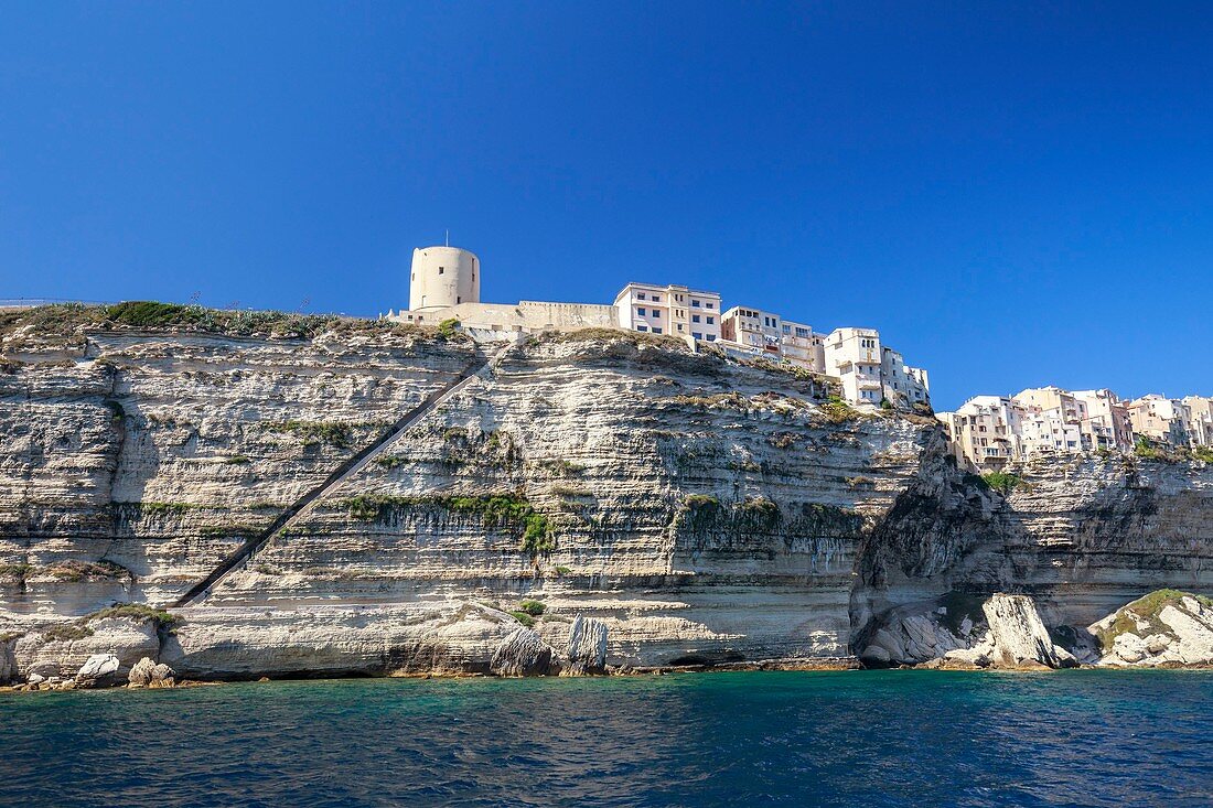 France, Corse du Sud, Bonifacio, the old town or High City perched on abrupt cliffs of white limestone, the Staircase of King d'Aragon