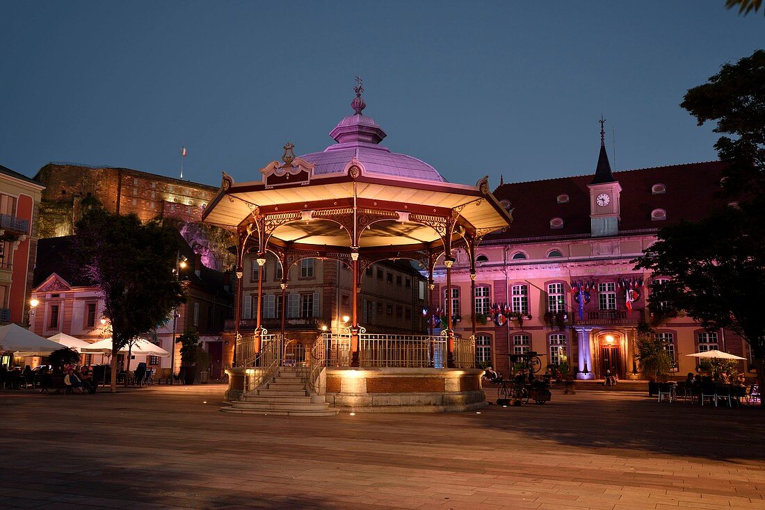 France, Territoire de Belfort, Belfort, Place d Armes a summer evening, city hall, kiosk, castle