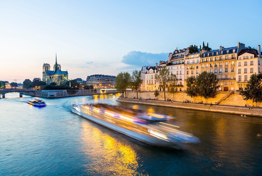 Frankreich, Paris, UNESCO Weltkulturerbegebiet, Ile Saint-Louis, Kathedrale Notre-Dame de Paris, abendliche Bootsfahrt