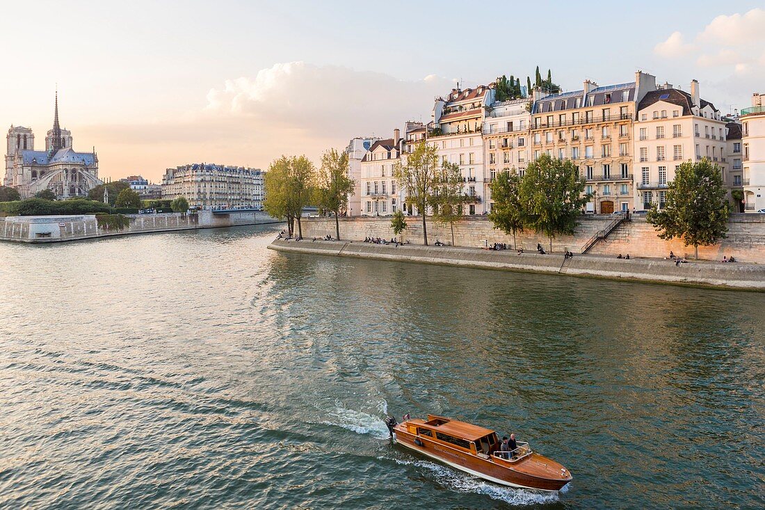 Frankreich, Paris, UNESCO Weltkulturerbegebiet, Ile Saint-Louis, Kathedrale Notre-Dame de Paris und ein Riva-Boot