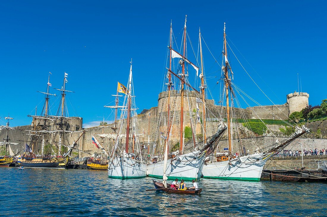 France, Finistere, Brest, Brest 2016 International Maritime Festival, large gathering of traditional boats from around the world, every four years for a week, the castle (Navy museum) at the mouth of the Penfeld river, schooners of the Navy