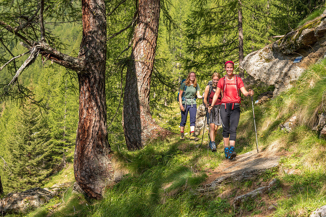 Trekking del Laghetti Alpini, 1. Tag, Wanderer im Aufstieg, Tressin, Schweiz