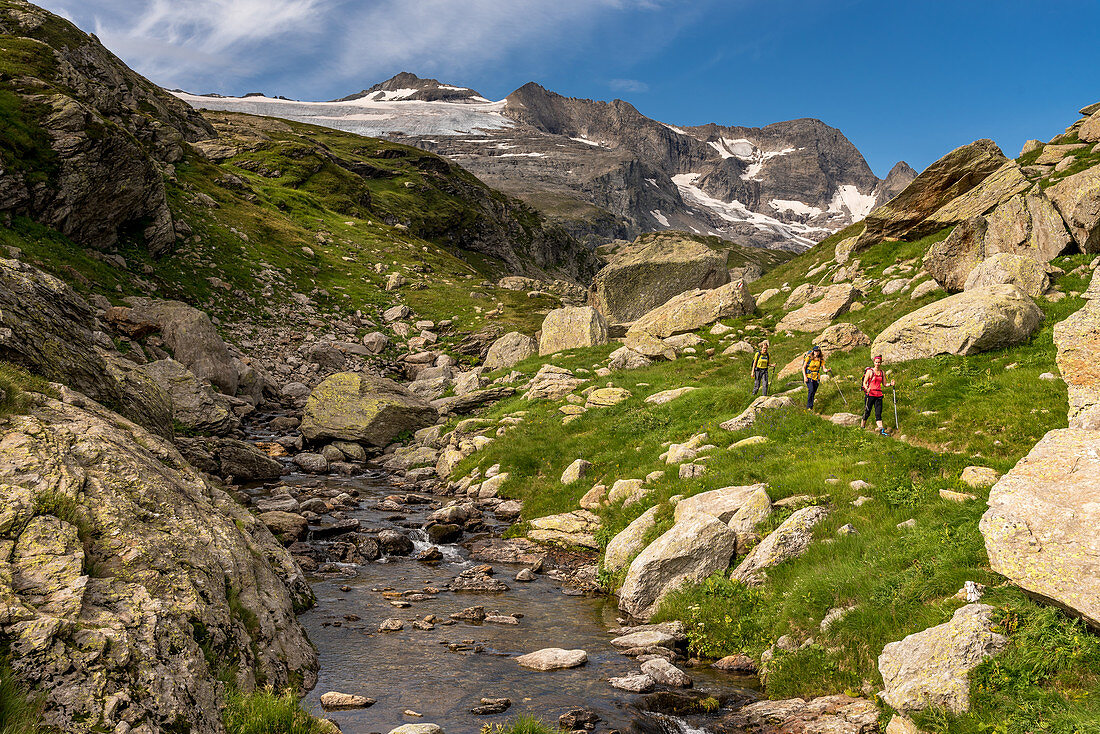 Hikers in the Randinascia, 3rd day's trekking del Laghetti Alpini, Ticino, Switzerland