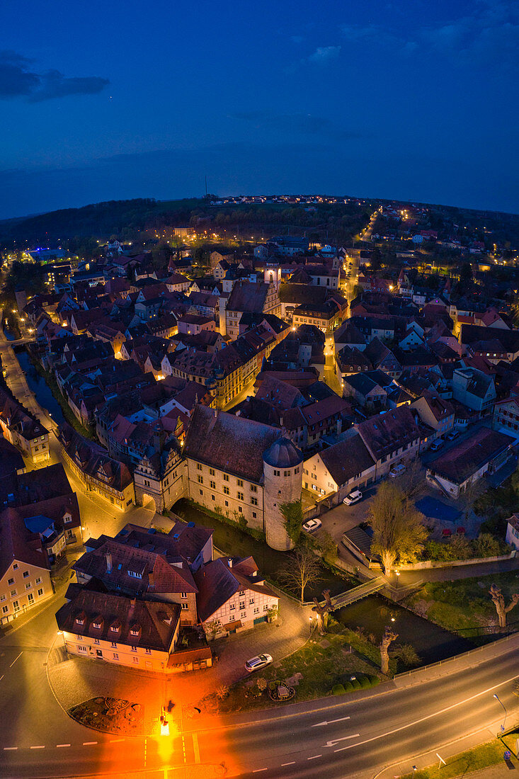 Aerial view of Marktbreit at the blue hour, Kitzingen, Lower Franconia, Franconia, Bavaria, Germany, Europe
