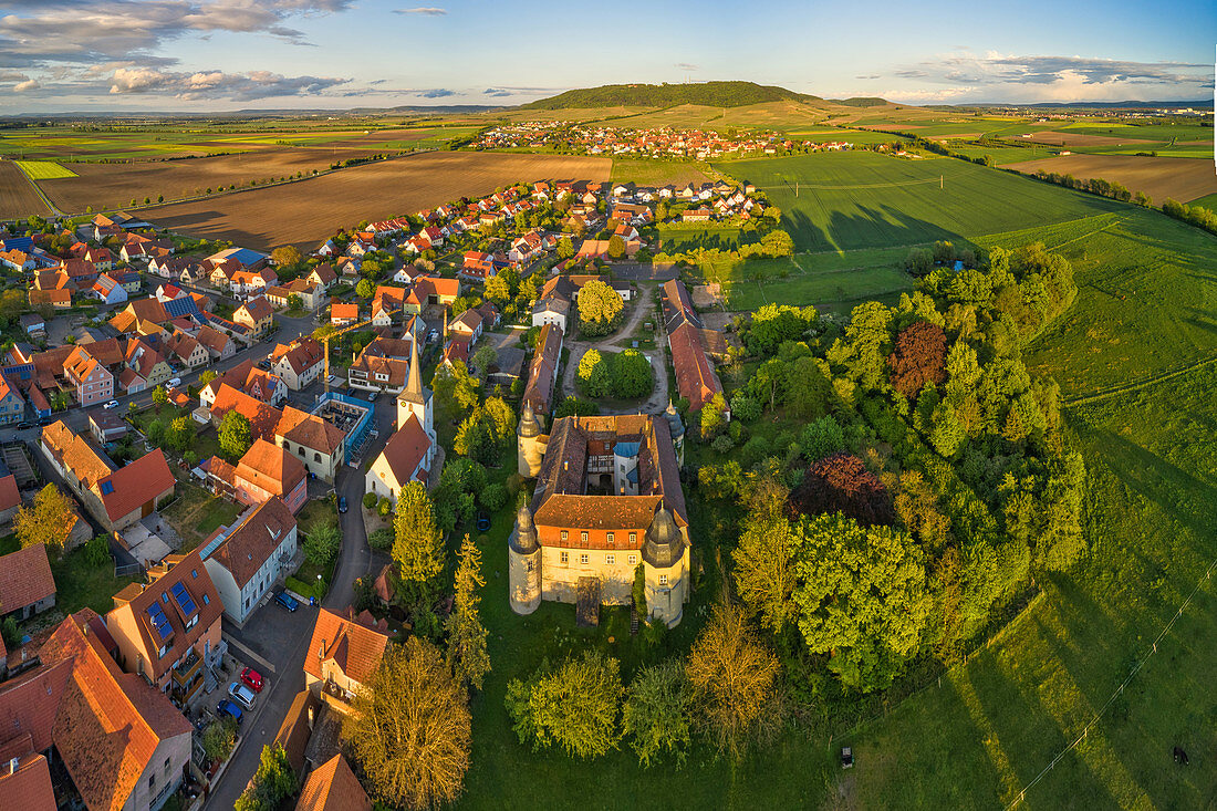 Aerial view from Crailsheim Castle in Fröhstockheim, Kitzingen, Lower Franconia, Franconia, Bavaria, Germany, Europe