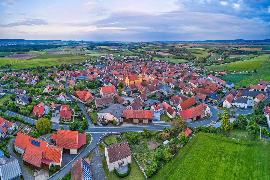 Aerial view of Willanzheim in the evening, Kitzingen, Lower Franconia, Franconia, Bavaria, Germany, Europe