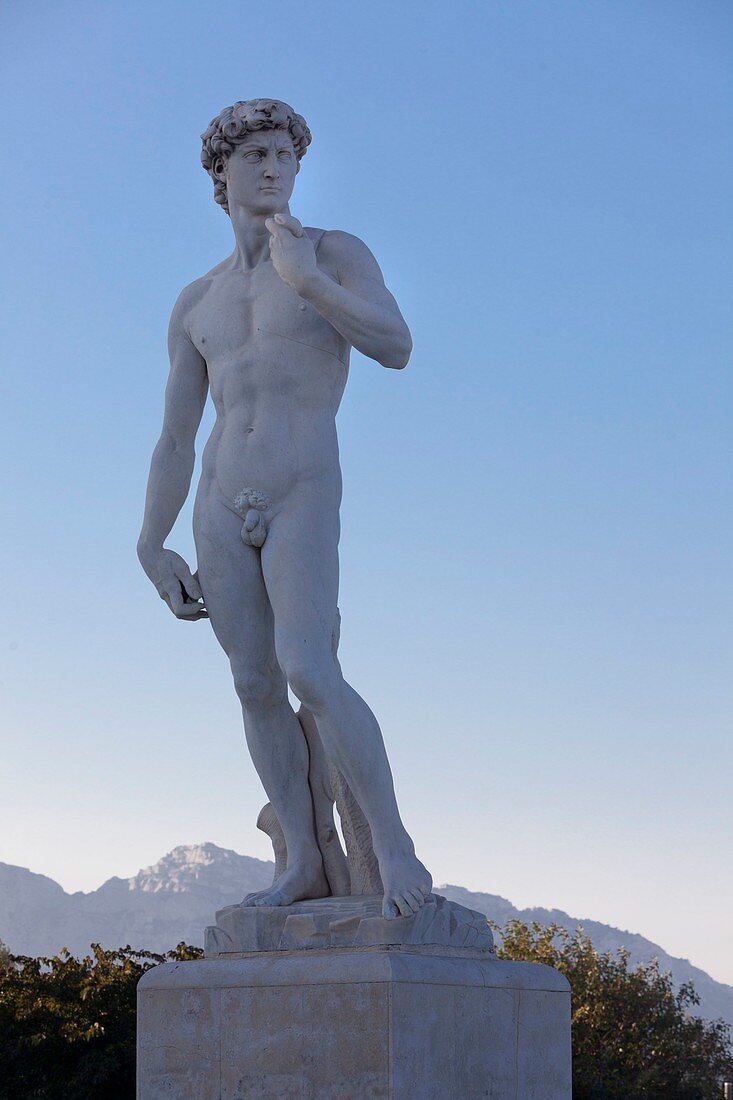 France, Bouches du Rhone, Marseille, 8th arrondissement, statue of David, beach, avenue du Prado