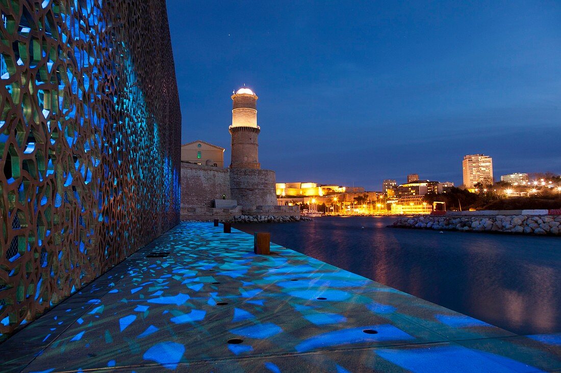 France, Bouches du Rhone, Marseille, uromediterranee, tower of Saint Jean fort, MuCEM, Museum of Civilizations of Europe and the Mediterranean, Ricciotti and Carta architects, lighting by Yann Kersale