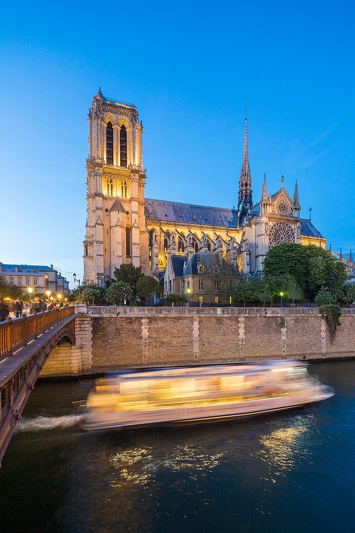 France, Paris, area listed as World Heritage by UNESCO, Ile de la Cite, Bateau Mouche in front of Notre Dame Cathedral