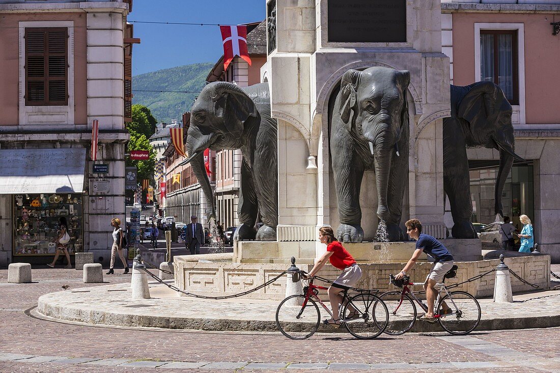France, Savoie, Chambery, the old town, Fontaine des Elephants also called Quatre sans culs (fountain of the Elephants or the Four without ass), place of the Elephants