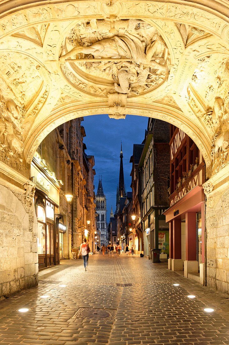 France, Seine Maritime, Rouen, Rue du Gros Horloge and the Notre Dame cathedral, Renaissance arch of the Gros Horloge