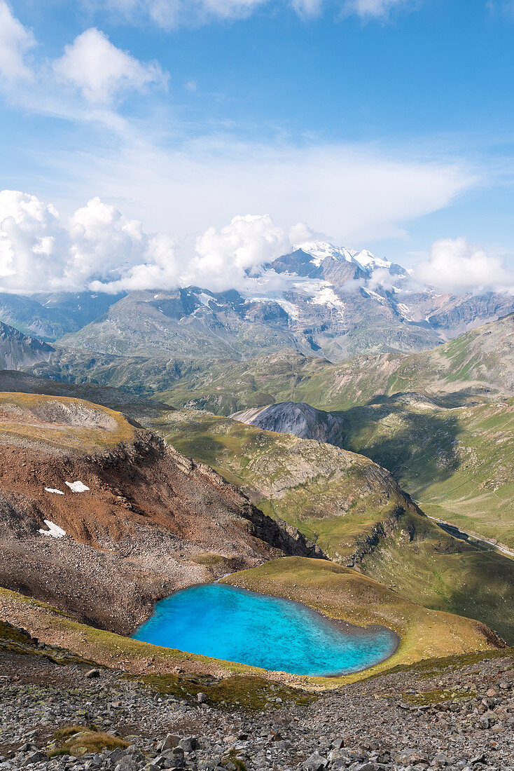 Der Lago Vago und die Gipfel der Schweiz, Livigno, Provinz Sondrio, Valtellina, Lombardei, Italien, Europa