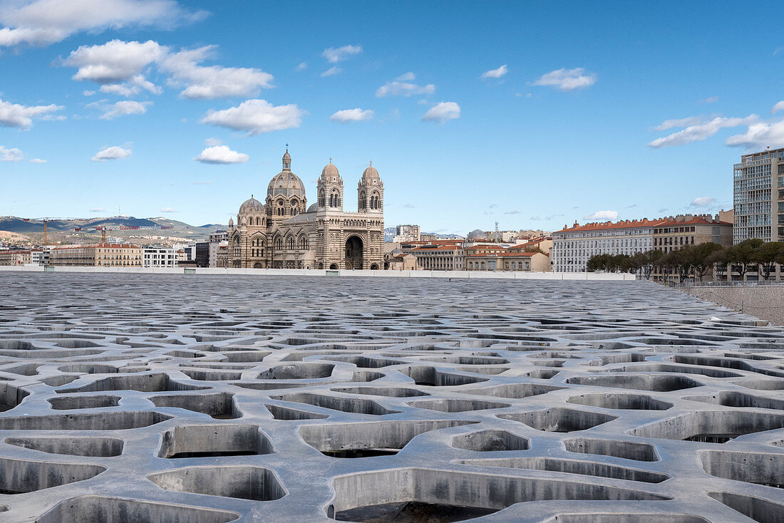 The roof of Museum of Civilizations of Europe and the Mediterranean and in background the  Cathedral La Major, Marseille, Bouche du Rhone department, Provence-Alpes-Côte d’Azur region, France, Europe