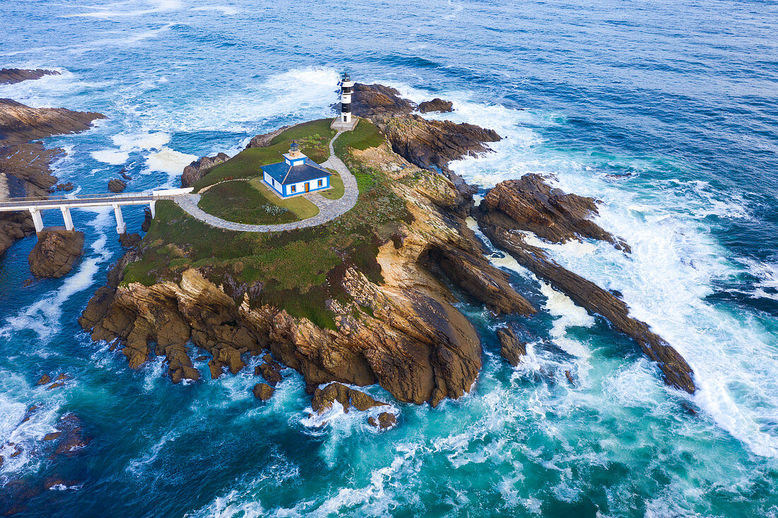 Ribadeo, Province of Lugo, Galicia, Spain. Aerial view of Illa Pancha lighthouse