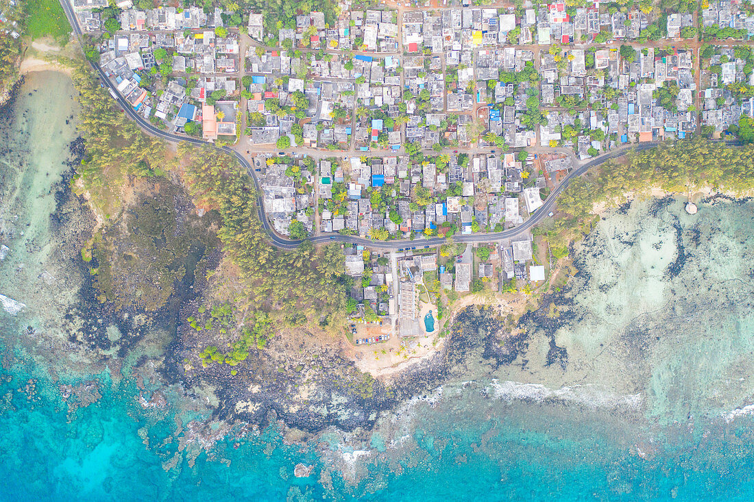 vertical shot taken by drone, of little village on north coast, Mauritius, Indian Ocean, Africa