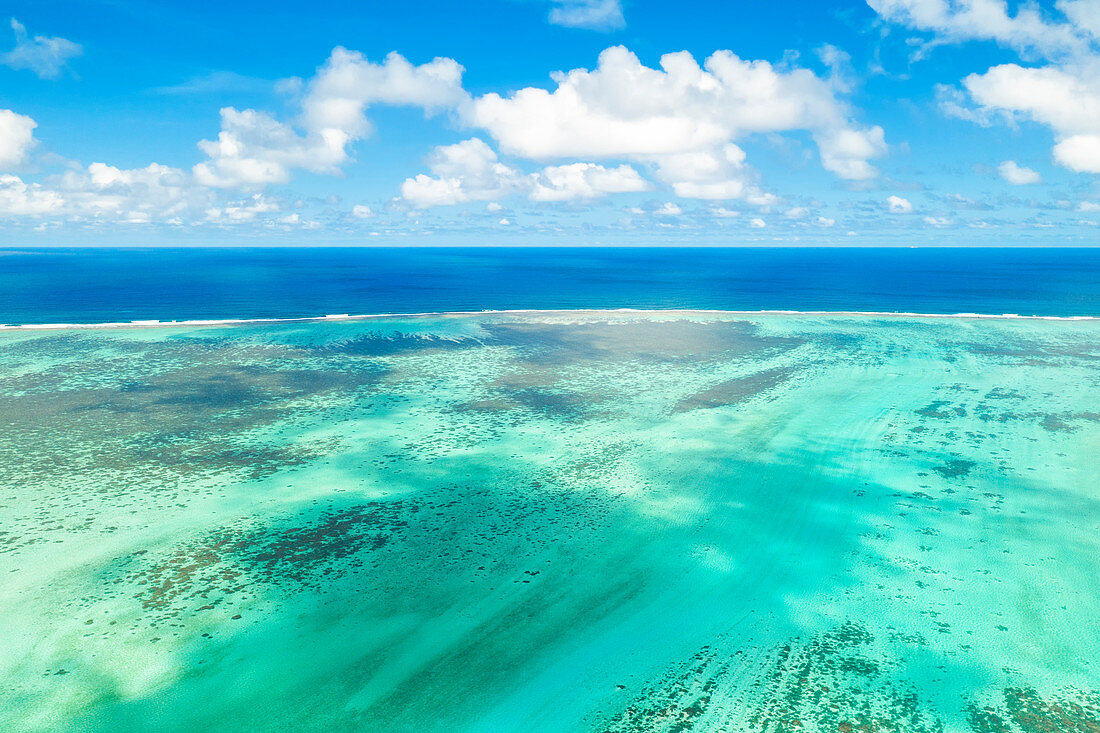 aerial panoramic view of reef around Ile aux Aigrettes in winter day, Grand Port district, Mauritius, Africa