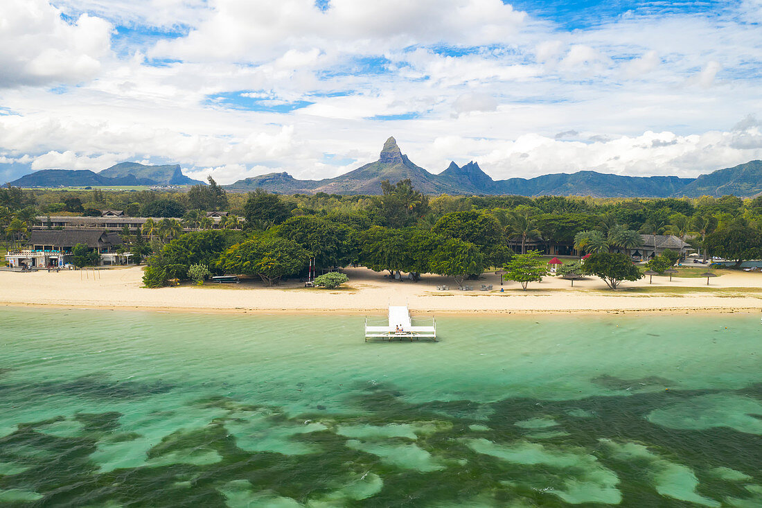 a drone view of Flic en Flac beach in winter day, Black River district, Mauritius, Indian Ocean, Africa