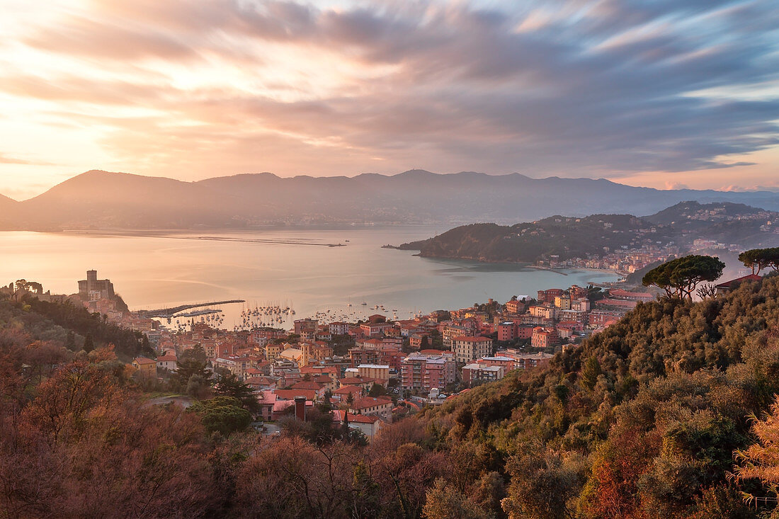the town of Lerici taken with a long exposure during a beautiful winter sunset, municipality of Lerici, La Spezia province, Liguria district, Italy, Europe