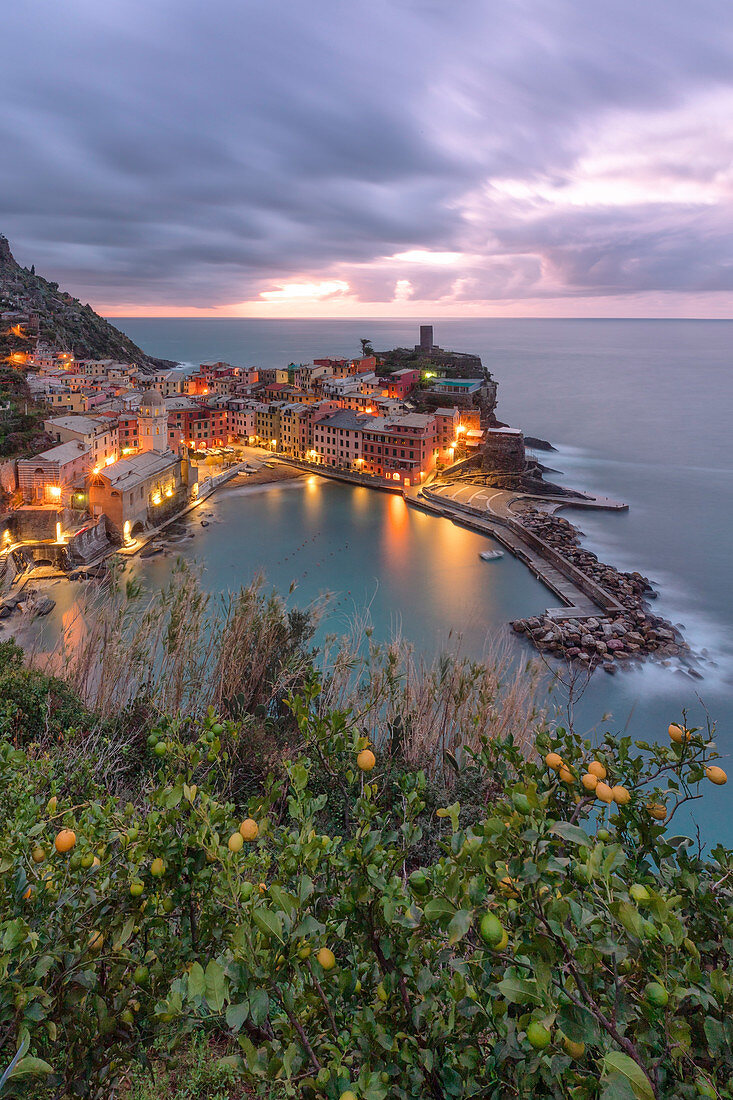 a few moments before dawn in Vernazza, UNESCO World Heritage Site, National Park of Cinque Terre, municipality of Vernazza, La Spezia province, Liguria district, Italy, Europe