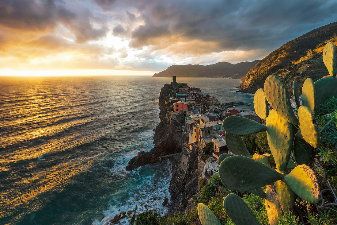 a magical sunset illuminates the houses and plants around Vernazza, UNESCO World Heritage Site, National Park of Cinque Terre, municipality of Vernazza, La Spezia province, Liguria district, Italy, Europe