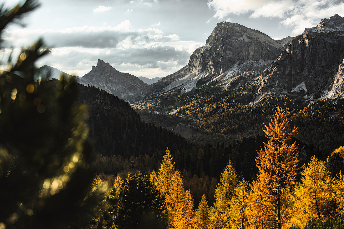 Autumn view of Falzarego pass at sunset. Lagazuoi, Belluno, Veneto, Italy