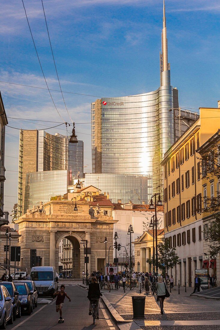 Italy, Lombardy, Milan, Corso Garibaldi, the door Garibaldi of the architect Giacomo Moraglia and view of the district Porta Nuova which the tower Unicredit bigger skyscraper of Italy