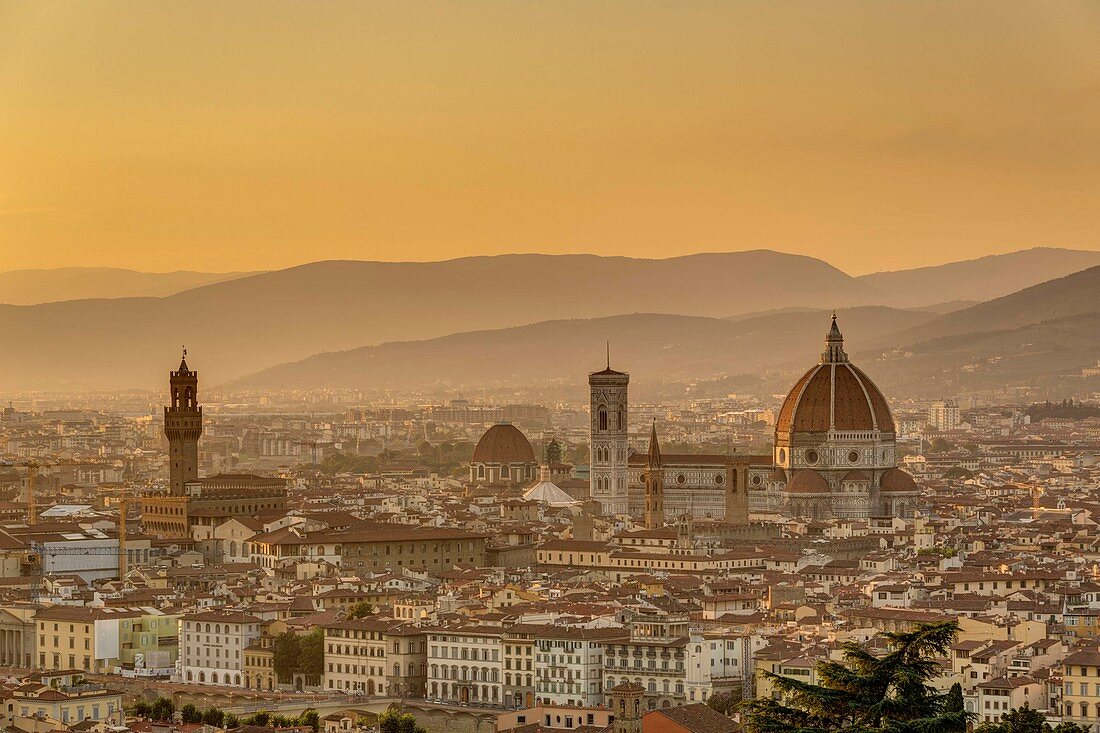 Italy, Tuscany, Florence, historical center listed as World Heritage by UNESCO, view of the cathedral Santa Maria del Fiore and Palazzo Vecchio from the Basilica di San Miniato al Monte